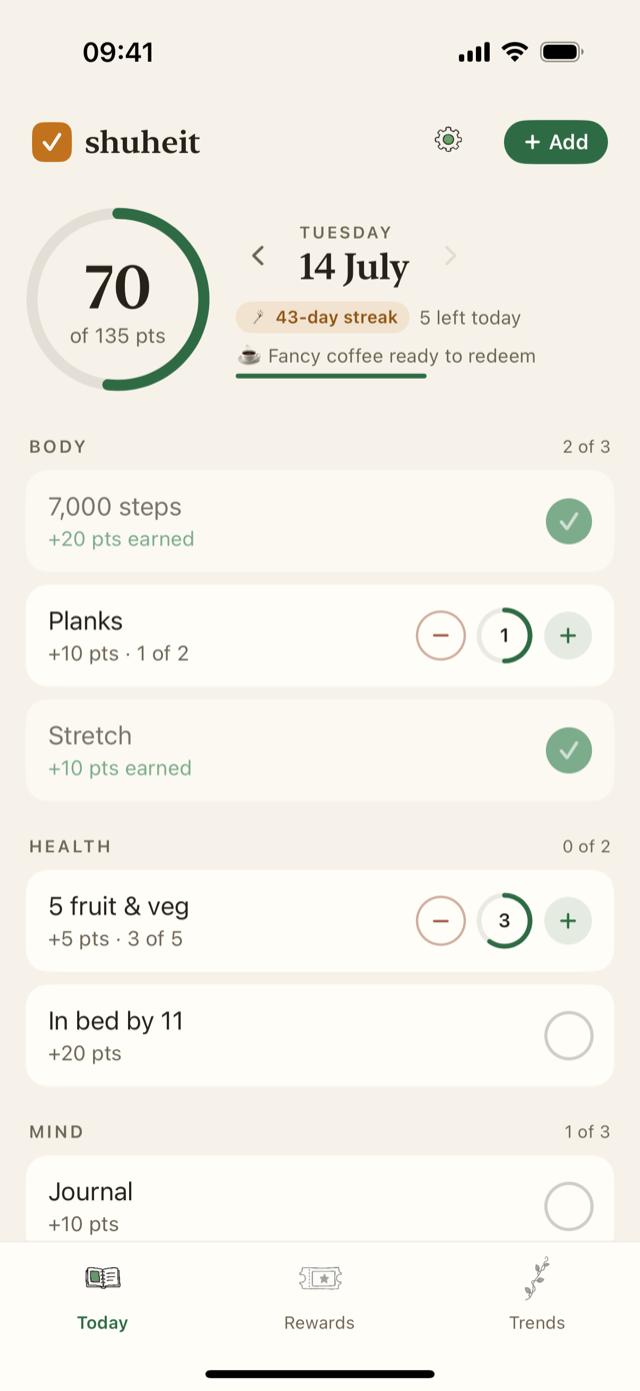 Today screen with the day progress ring, habit categories, and check-offs