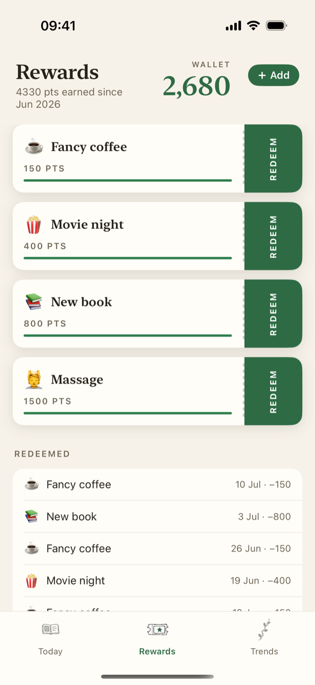 Rewards screen with the points wallet and reward cards
